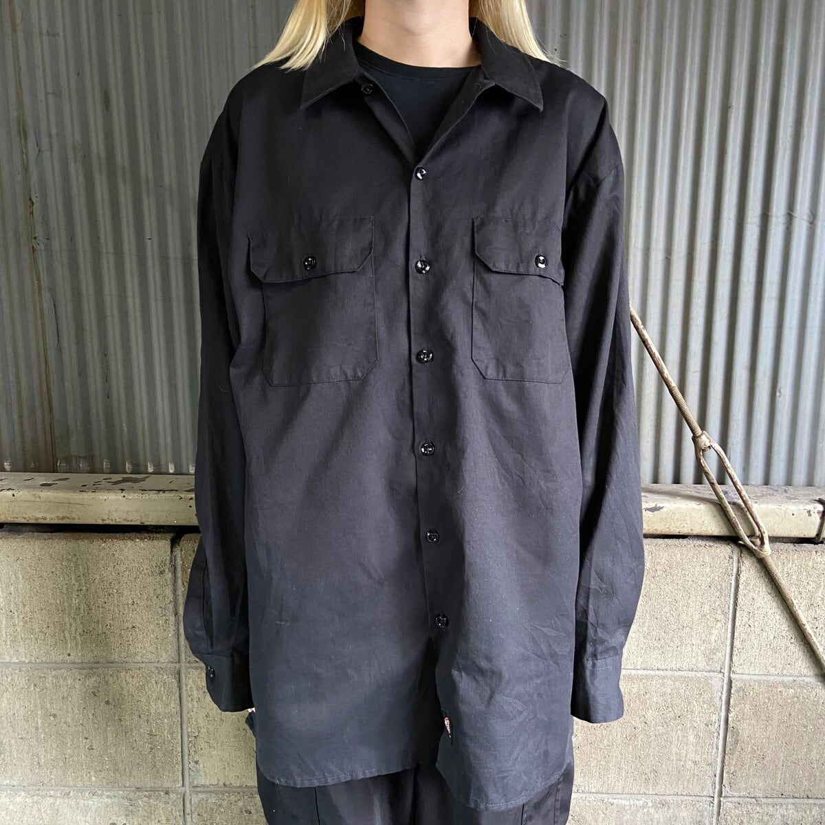 Dickies ディッキーズ FLEX 長袖 ワークシャツ メンズL 古着 ブラック