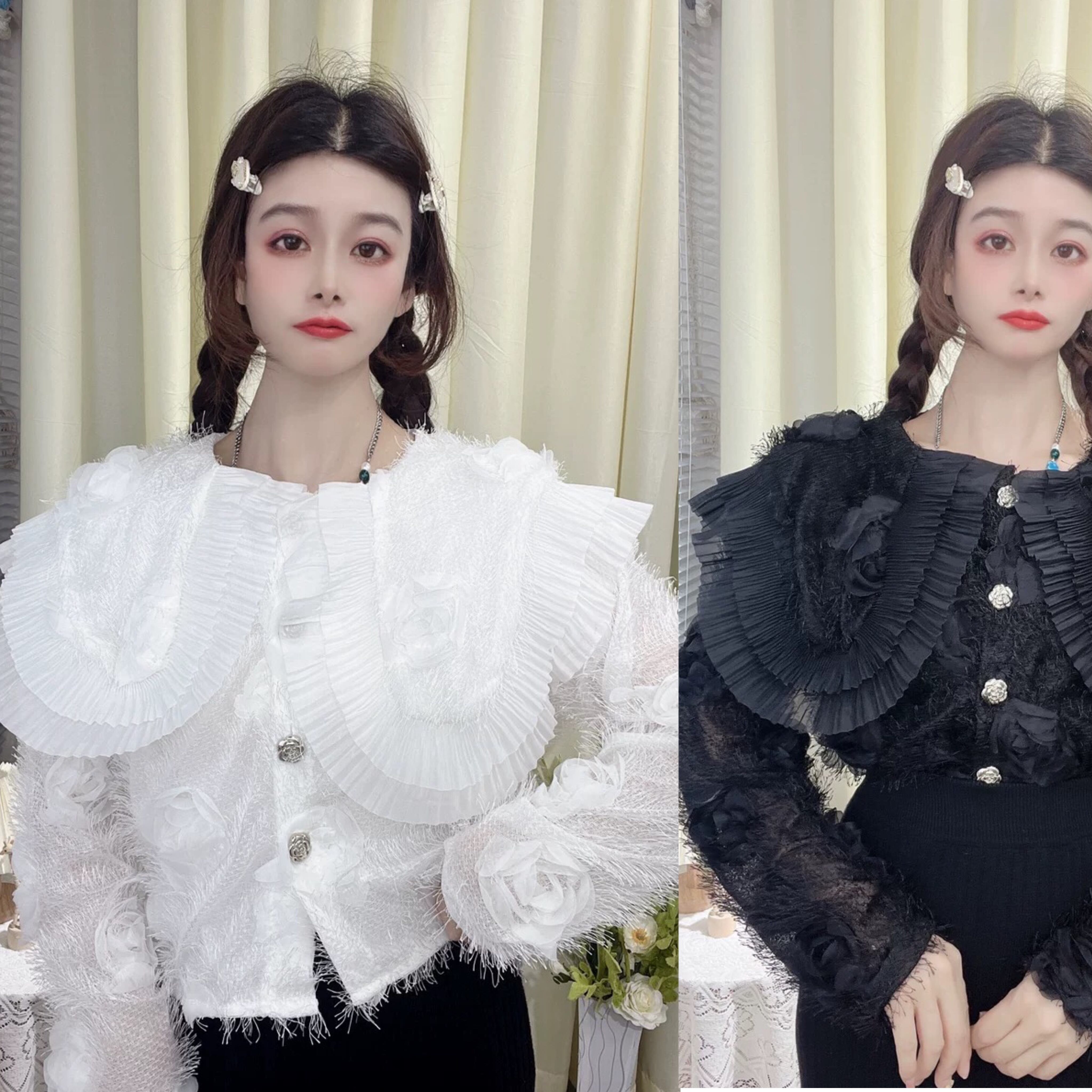 白・黒】カーディガン 襟 花柄 フラワー カーディガン バイカラー