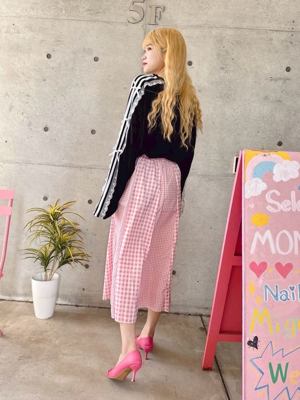 ピンクギンガムチェックフレアスカート/レディースファッション/韓国