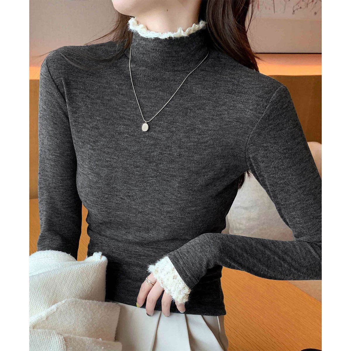 ハイネック リブニット 長袖 レースフリル レディース 春秋冬 韓国 きれいめ シンプル 大人 かわいい フェミニン おしゃれ 伸縮性 ニット トップス 大人可愛い 大人女子