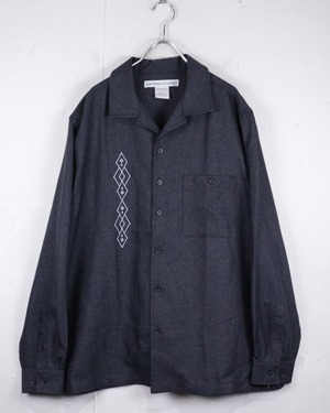 【Caka act2】Geometric Embroidery Vintage Loose L/S Open Collar Shirt