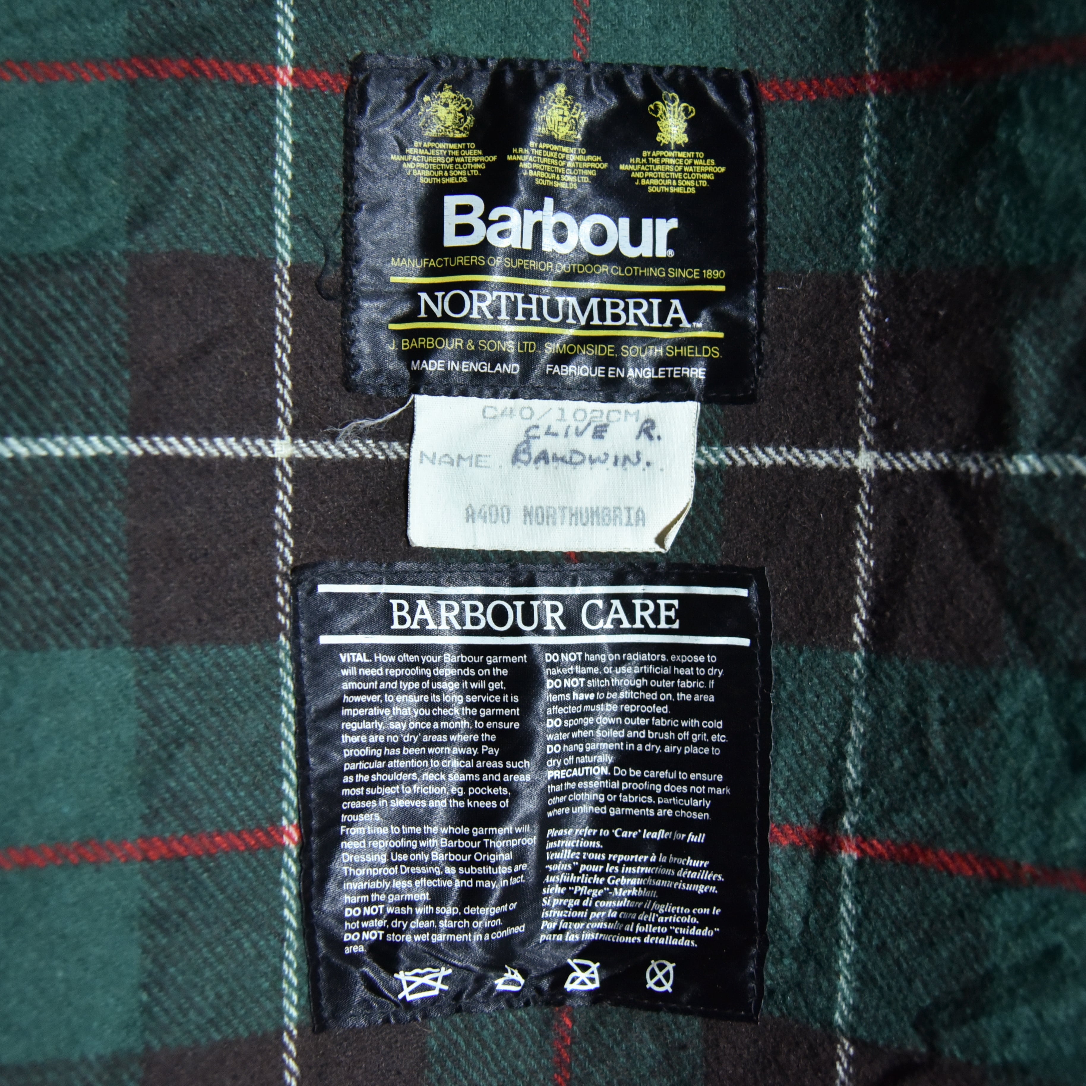 90s Barbour NORTHUMBRIA Size40 バブアー ノーザンブリア 3ワラント