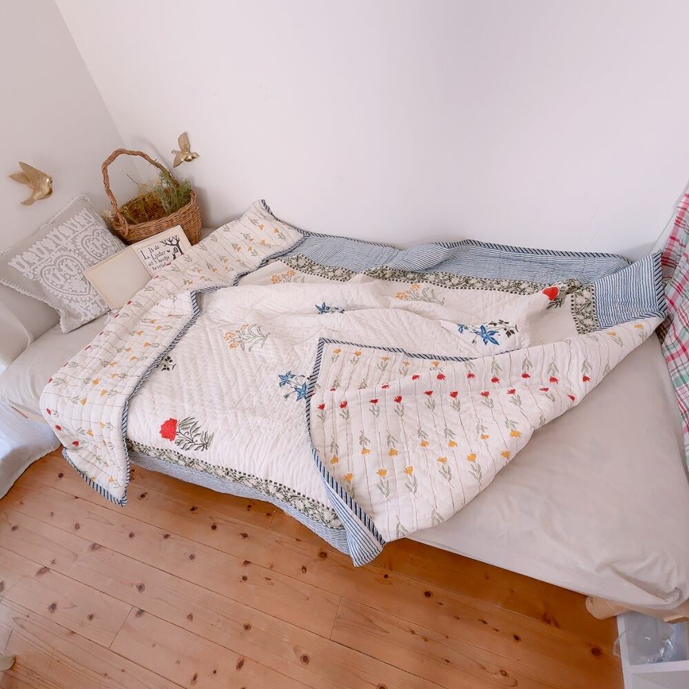 綿入り【M】パリのパン屋さん ブロックプリントキルト | ブロック