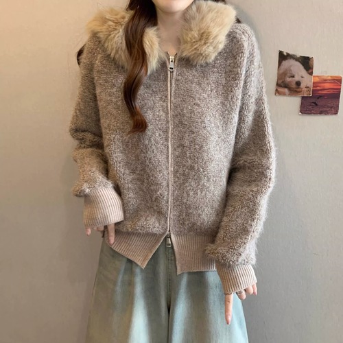 ファーフードジップアップニットブルゾン ・74233