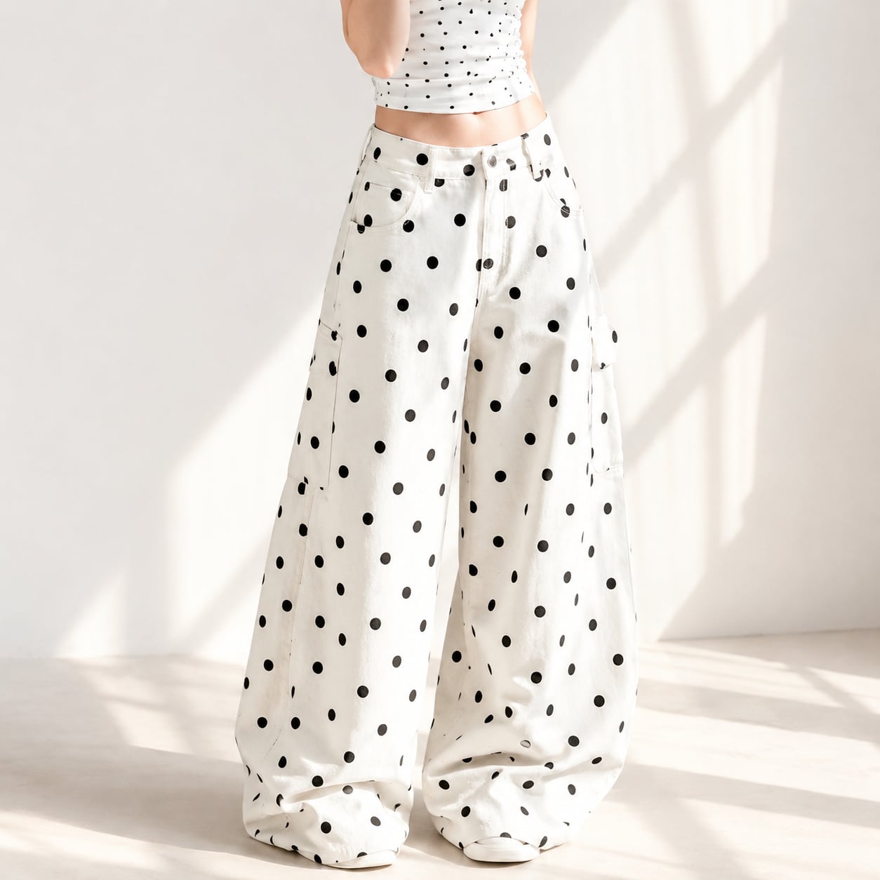 Spring Polka Dot Wide Cargo Pants*S-615