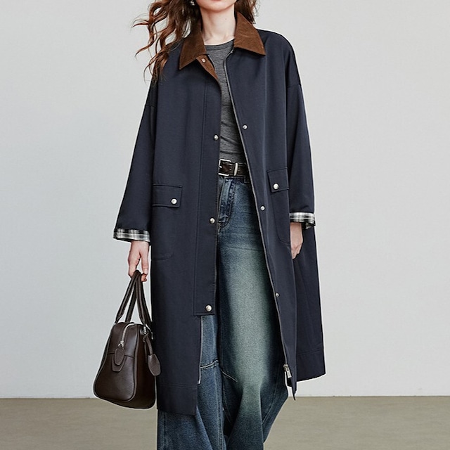 Plaid Cuffs Navy Long Coat / チェック カフ ネイビー ロング コート