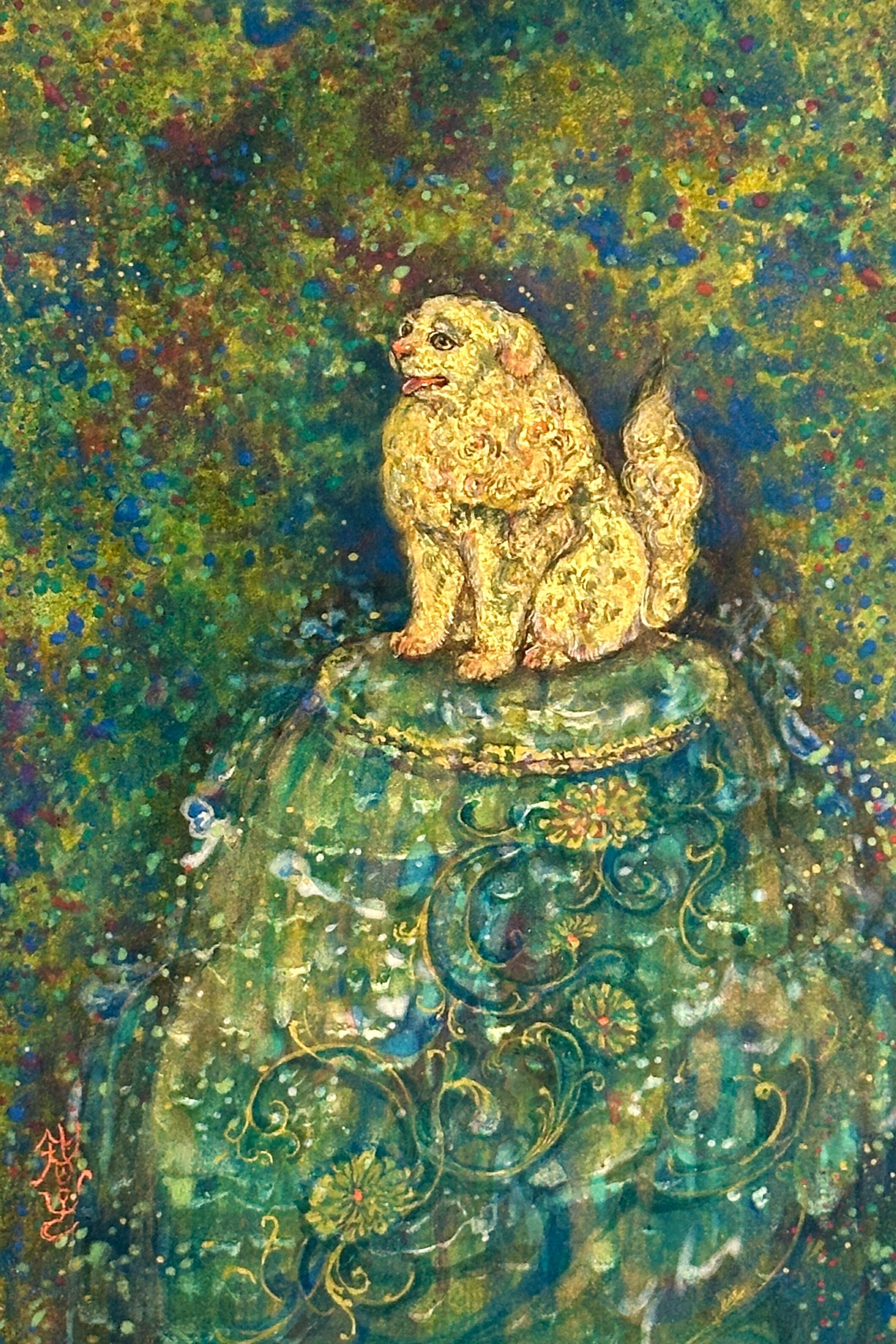 泉を守る黄金の獅子《獅子の泉》日本画 原画 額装｜岩絵具・金箔 中井