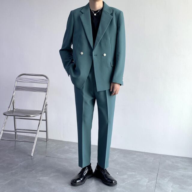 【予約販売】メンズ セットアップ スーツ 無地 シック スリム 男前 ハンサム ブラック ベージュ グリーン ジャケット パンツ セット セットアップ ビジネス 通勤 フォーマル パーティ 二次会 同窓会 結婚式 韓国 トレンド 春 秋 夏大きいサイズ M/L/XL/2XL/3XL