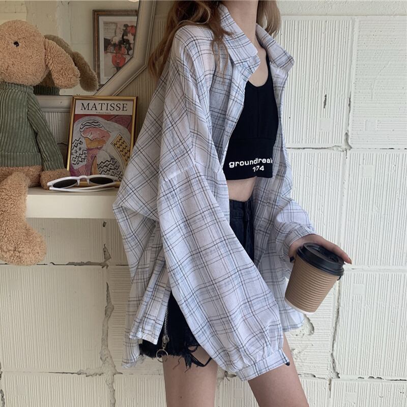 スタンダードカラー格子柄シャツ スプリングカジュアルルーズトップス ロング レトロ 春物 萌量不足91414511369