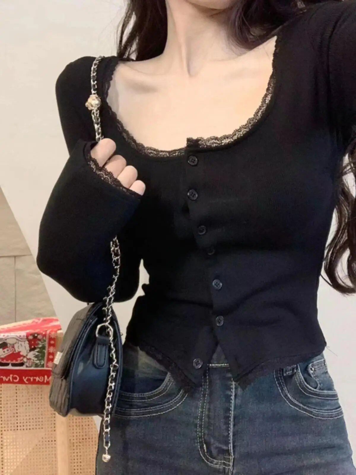 スリムフィット長袖Tシャツピュアディザイアレーストリムスクエアカラーショートスタイル韓国版通勤スタイル夏新作