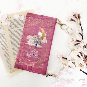 架空の洋書"夜桜の本" （PINK）ショルダーストラップ付き 三つ折り手帳型スマホケース