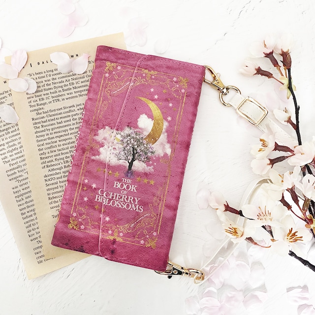 架空の洋書"夜桜の本" （PINK）ショルダーストラップ付き 三つ折り手帳型スマホケース