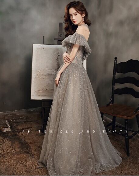 上品！ パーティードレス グレー ロング Aライン スパンコール  