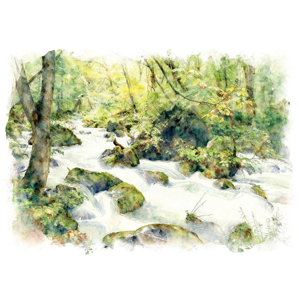 絵画 日本 青森県 奥入瀬渓流の風景 インテリアアート額付き 水彩画