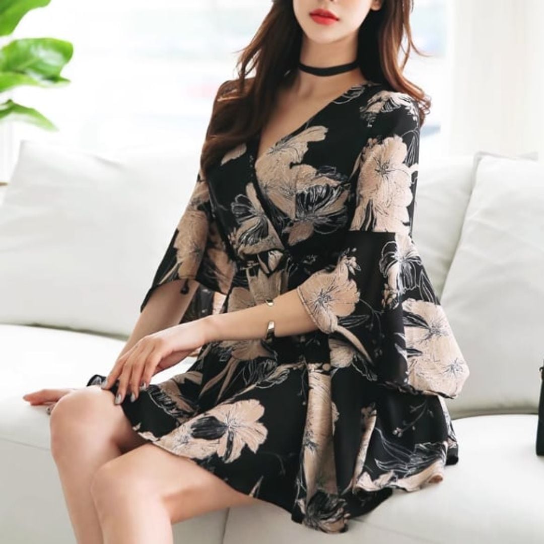 Floral Pattern Chiffon Sleeve Sleeve 5/10th Sleeve V-Neck Dress  V1150