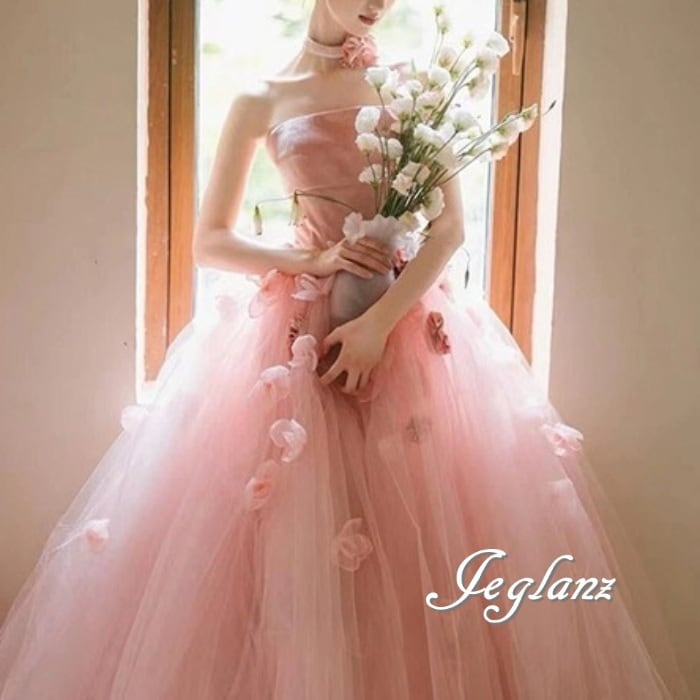 ウエディング カラードレス ベアトップ 立体フラワー チュール(MA965)π