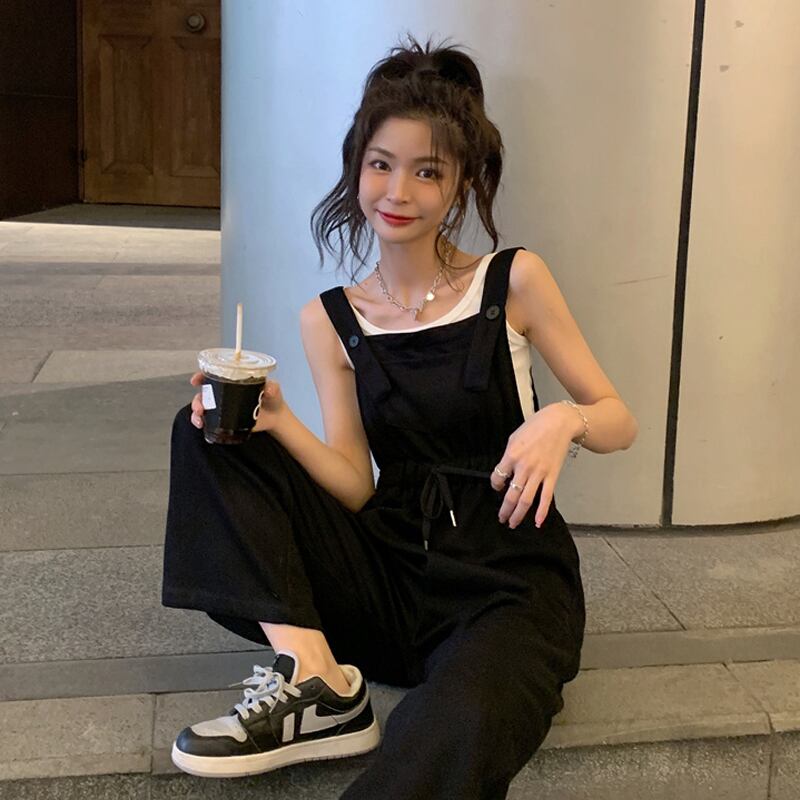 ウェストオーバーオール スプリングオータムブラックパンツ ルーズ 春物 秋物 スーパーモール93677516852