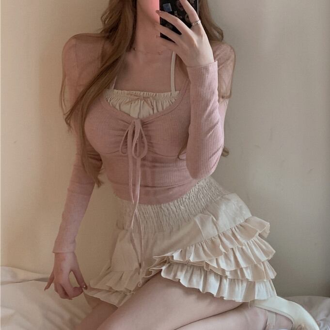 【着用レビュー】トップス レディース 重ね着風トップス 2カラー S M ピンク ホワイト Tシャツ リボン シャーリング ホルターネック リボン フェイクレイヤード ペプラム ショート丈 クルーネック 長袖 プルオーバー シンプル きれいめ カジュアル フェミニン キュート ガーリー 大人可愛い おしゃれ 普段使い イベント デート お出かけ 女子会 休日 旅行 通勤 通学 着まわし こなれ感 韓国系 ファッション コーデ スタイル モテ 春 秋 送料無料