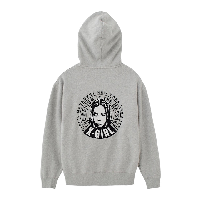 【x-girl】CIRCLE MESSAGE AND FACE ZIP UP SWEAT HOODIE / ASH【エックスガール】