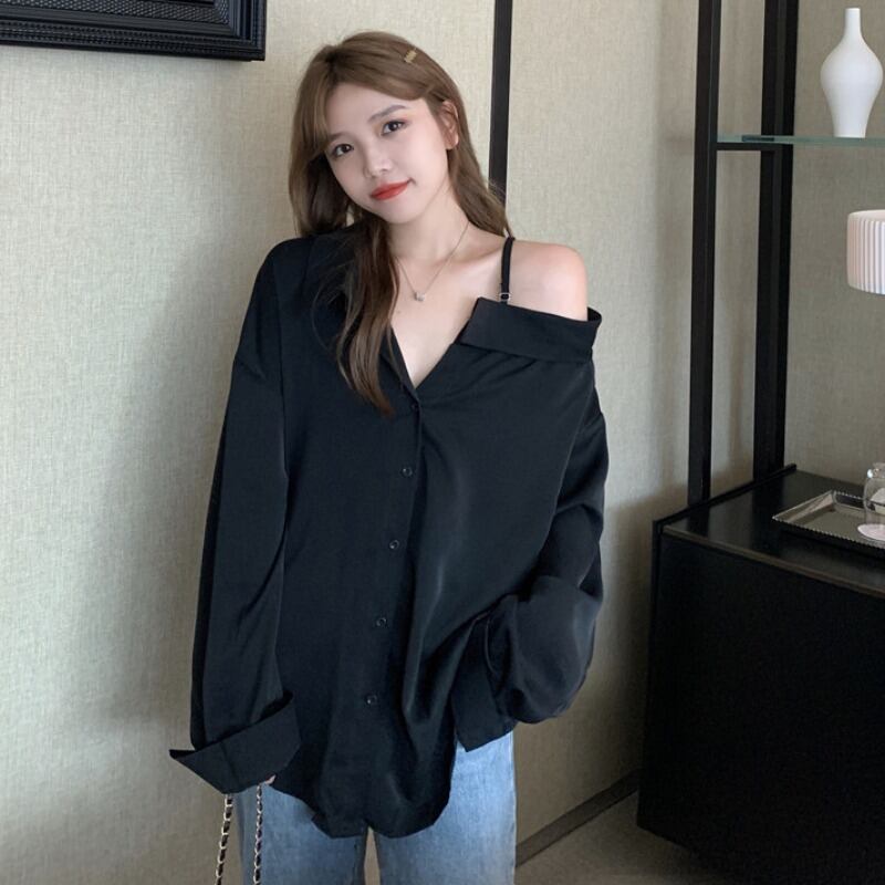 ホワイトシャツ スプリングストラップレススタンダード ロング レトロ 春物 1号婦人2133991096