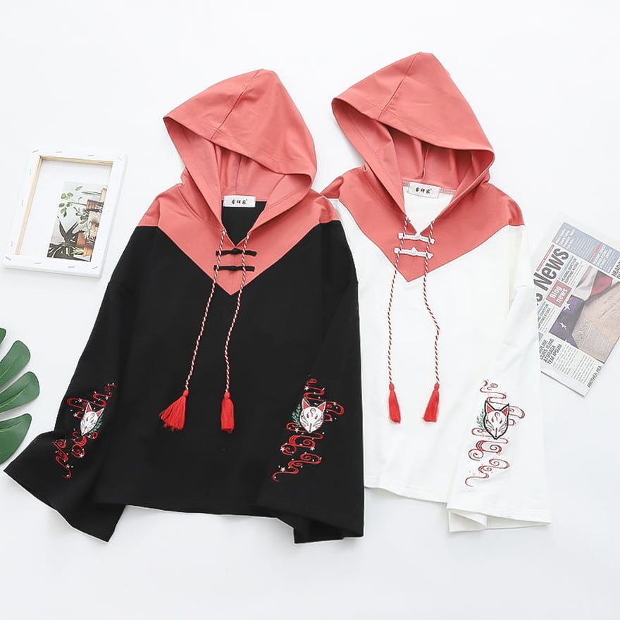 サブカル 服 地雷系 通販 パーカー チャイナ風 キツネ面 刺繍 タッセル バイカラー レトロ ロリータ 甘めチャイナ服 かわいい
