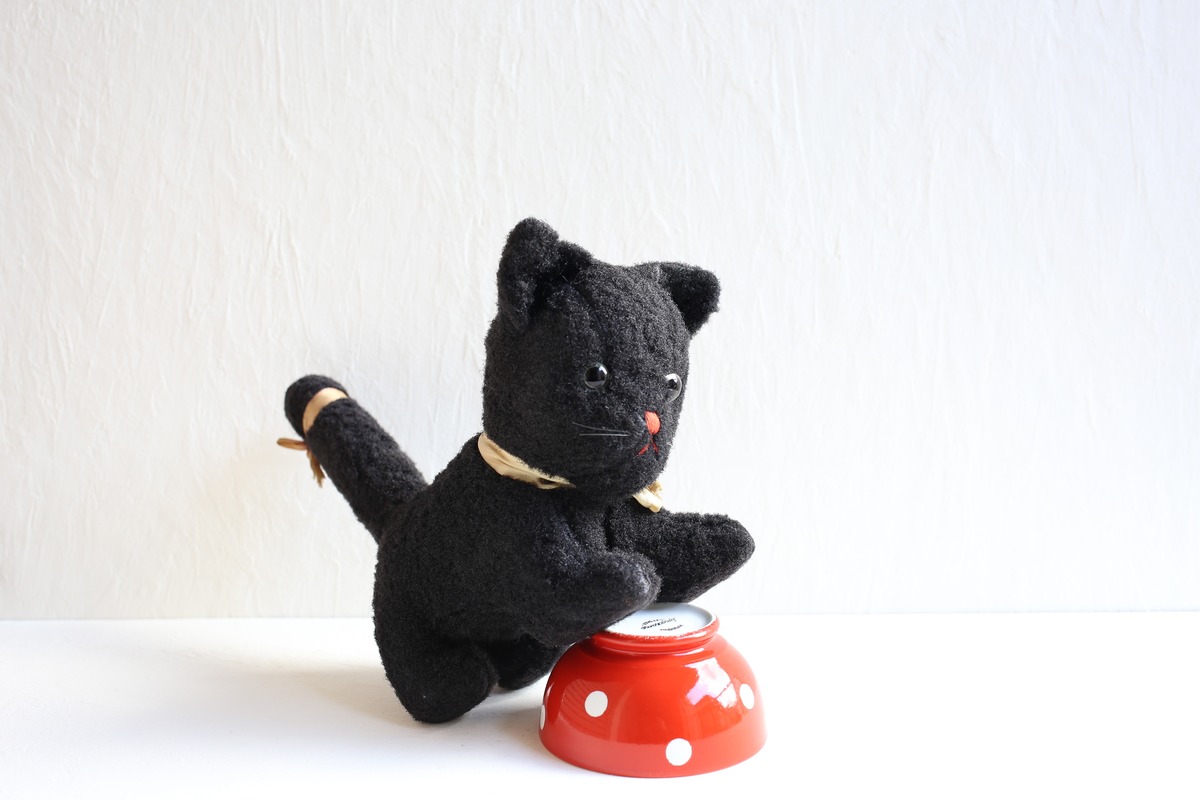 フランス アンティーク ヴィンテージ ぬいぐるみ 黒猫 約27cm N-06267 