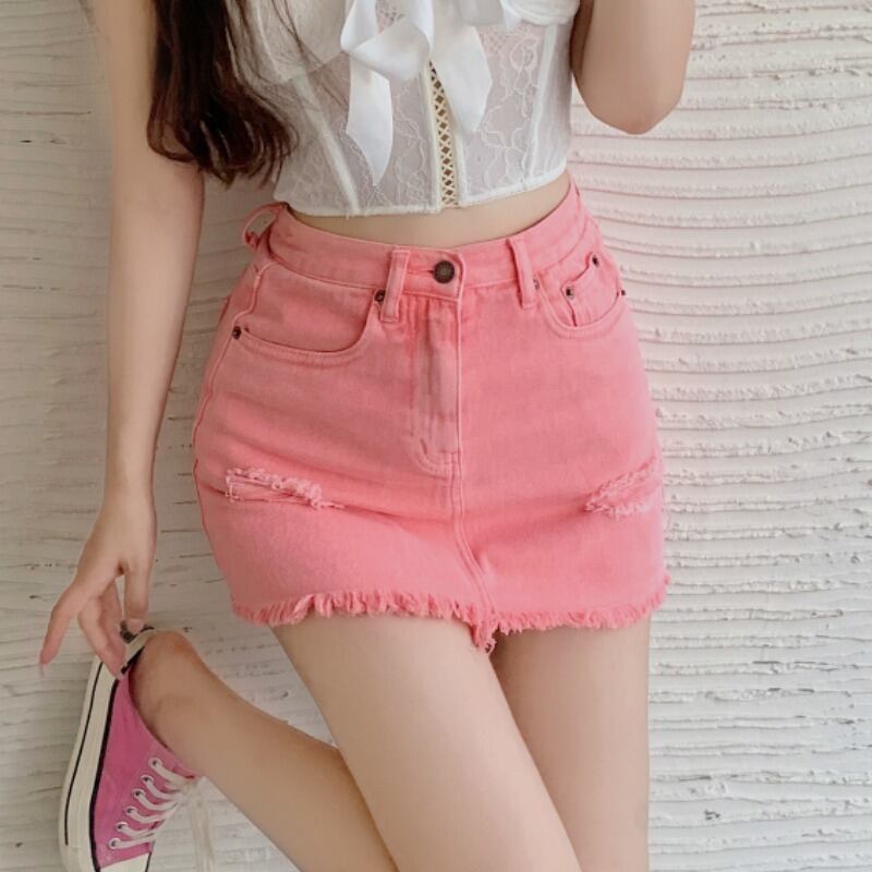 スカート ハイウェスト薄手Aラインショート ピンク 大人ガーリー スウィート キュート カジュアル ハンチェンe69804843201