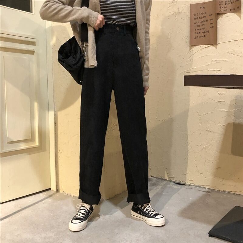 パンツ スプリングオータムハイウェストウェストスリムルーズコーデュロイ 春物 秋物 1号婦人34844634979