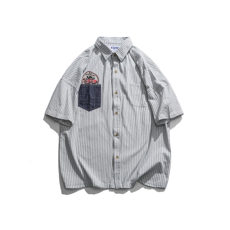 【新作】【送料無料】 Yidaoヴィンテージ夏服新しいeseトレンドカラーマッチングストライプパーソナライズされた印刷半袖シャツ男の子オールマッチシャツ-アリババ サマー 夏物 ビンテージ hip6-161146609670703