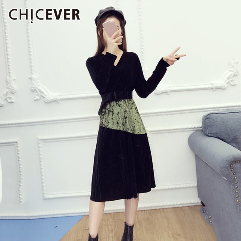 CHICEVER秋のプリーツベルベットドレス女性パッチワークヴィンテージ長袖包帯女性ドレス服2020 ロング オータム 秋物 ビンテージ 6base584059918196