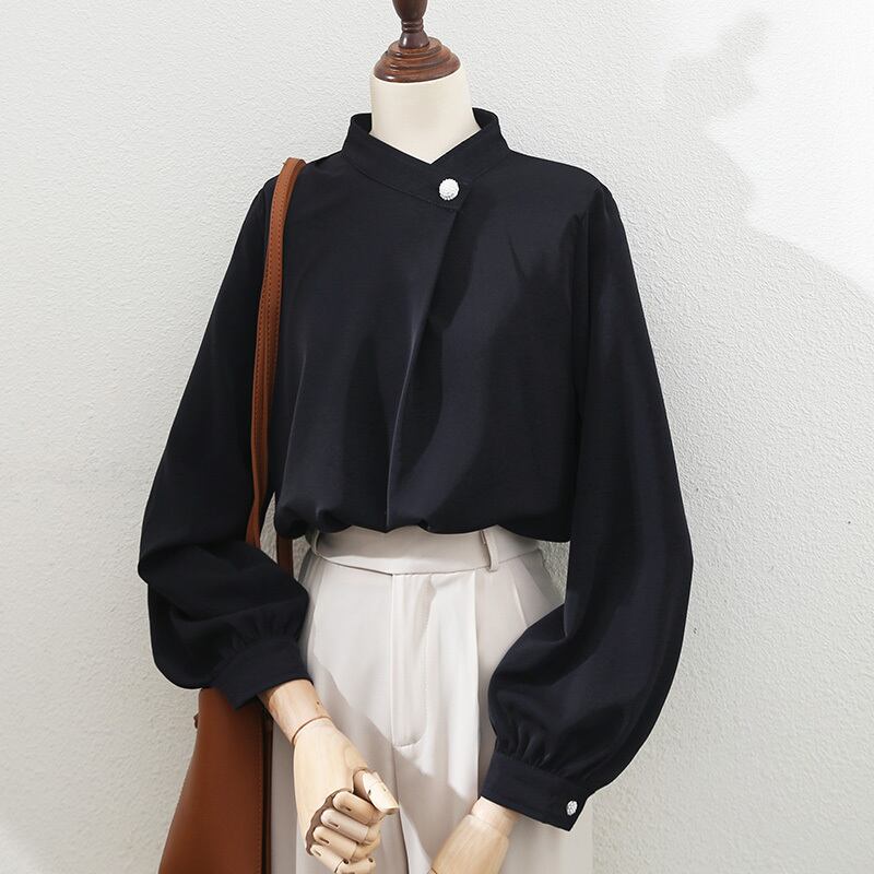 斜めボタンパフスリーブシャツ E00036