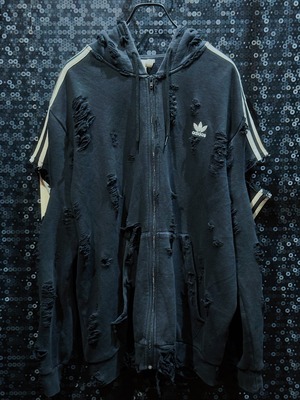 【ÆIEM】original"boro"remake adidas vintage trefoil logo full zip black hoodie