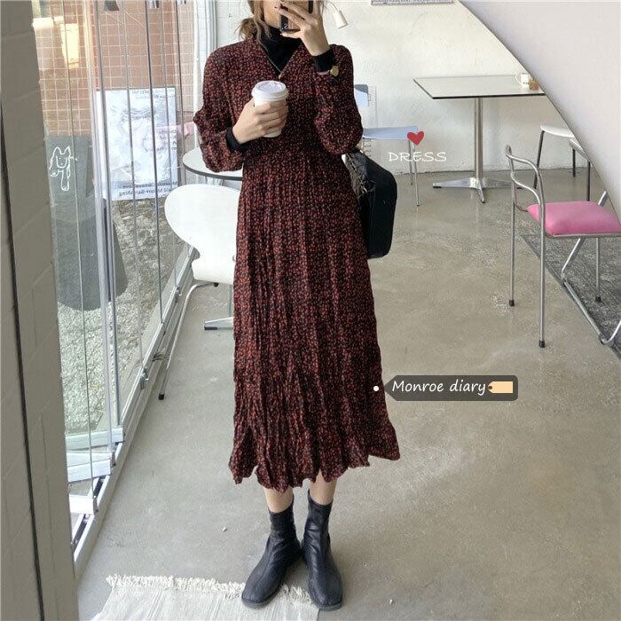 レッドフローラルドレス スタンダードスカート ウェストAライン レトロ 花柄 モンロー21304601418