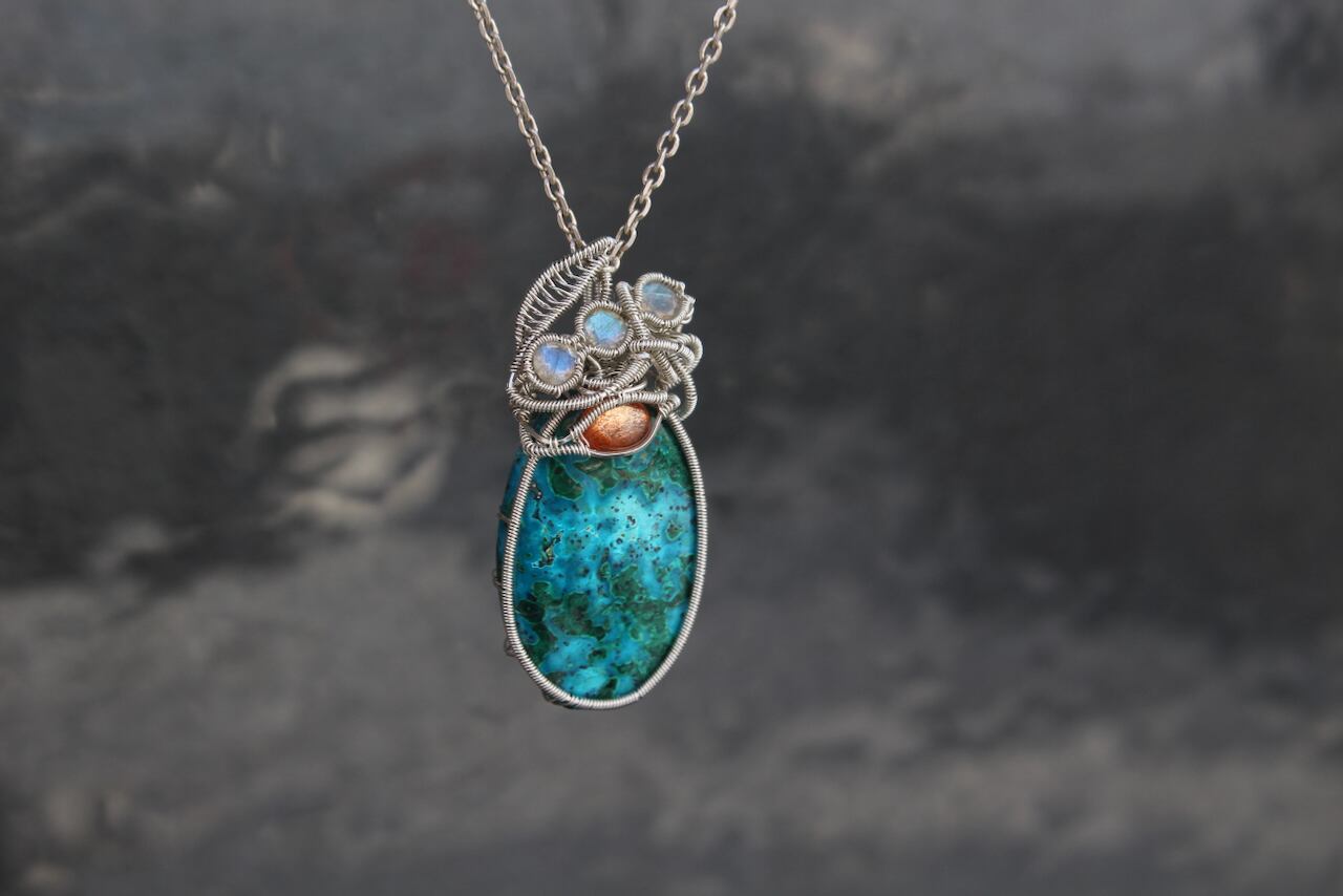 Chrysocolla malachite & Sunstone & Labradorite silver925 wire wrapping pendant