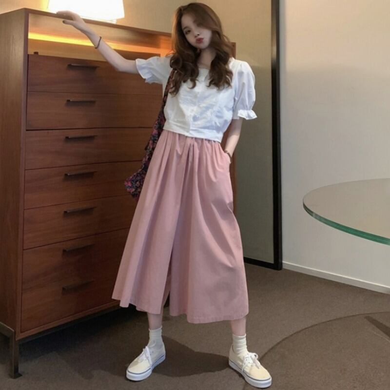 スタイルスプリングオータムカラーショートシャツ ワイドレッグスカート パンツ カジュアル 春物 秋物 ワイドパンツ スクウェア 1号婦人25866658033