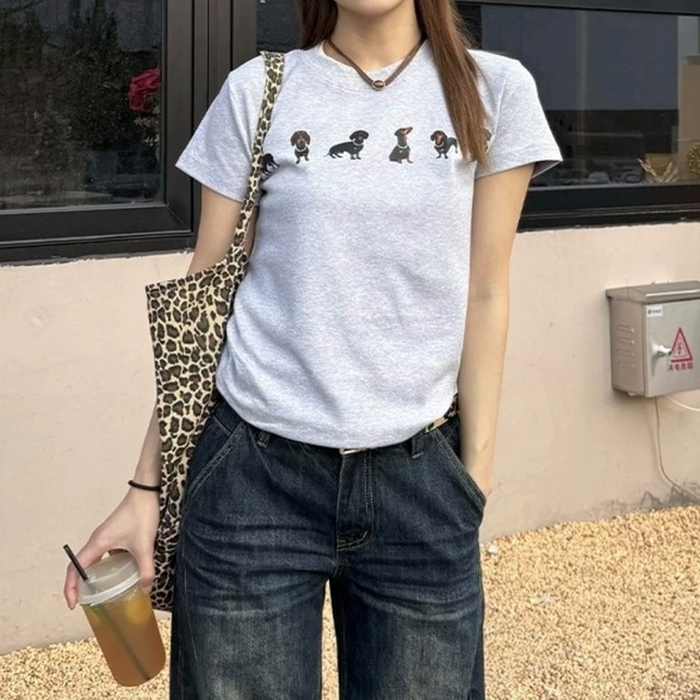 フレンチシックドッグモチーフカジュアルTシャツ 2col   R02292