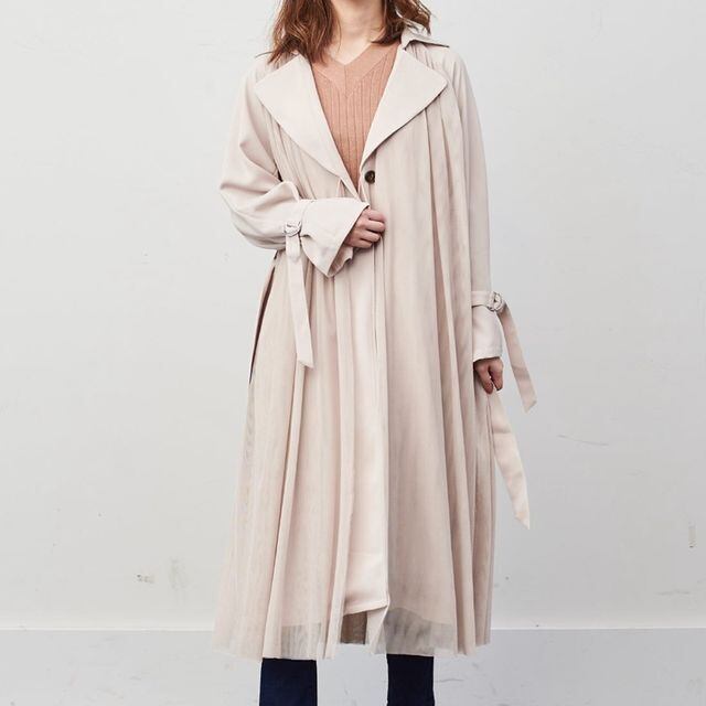 【予約販売】コート レディース トレンチコート アウター ロング丈 ドレープ レイヤード レース シングルブレスト スプリングコート 春秋コート ロング丈 S/M ベージュ
