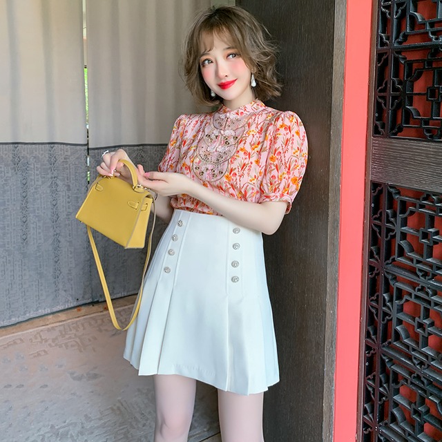 ハイウェストウェストダブルブレストバックルプリーツAラインショートスカート サマースタイル エレガント 夏物 MIUCO63688436532