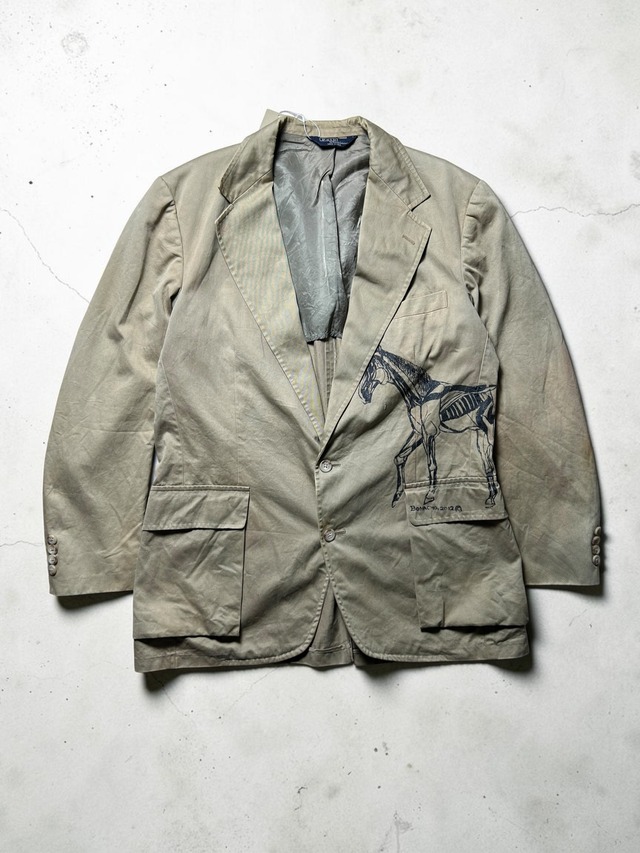 ［80s］Polo by Ralph Lauren Hand Painted Horse Skeleton Antwork Cotton Three Button Tailored Blazer Jacket