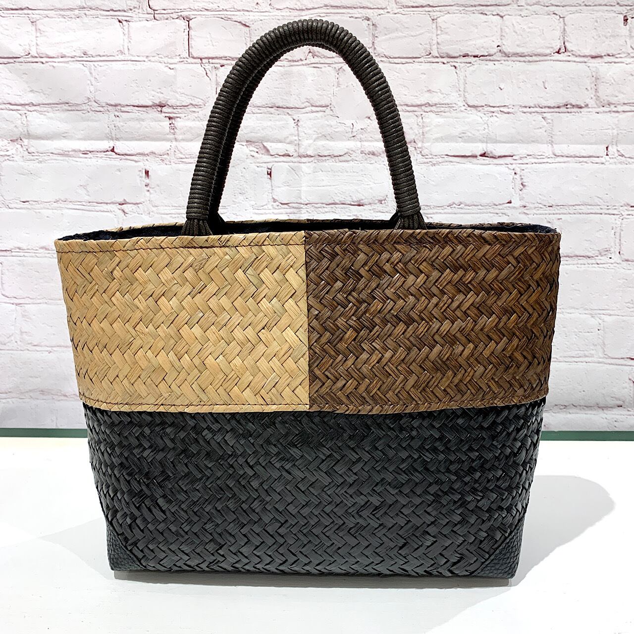 ラタンバッグ ミックスカラー黒 コットンハンドル CNX-120