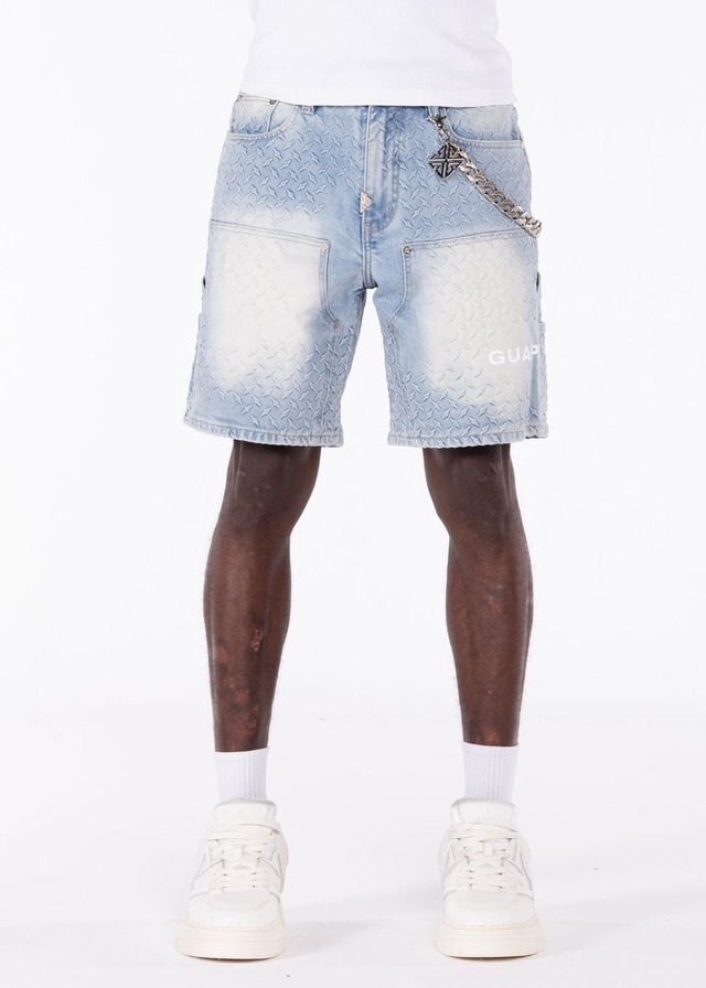 GUAPI / obsidian black faded cross denim shorts