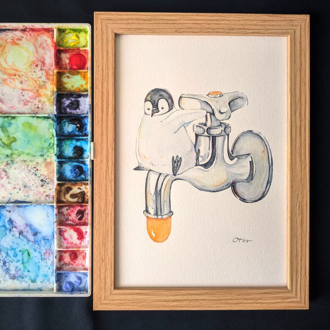 ペンギンとみかんジュースの蛇口 耐水ステッカー | オトンノアトリエ