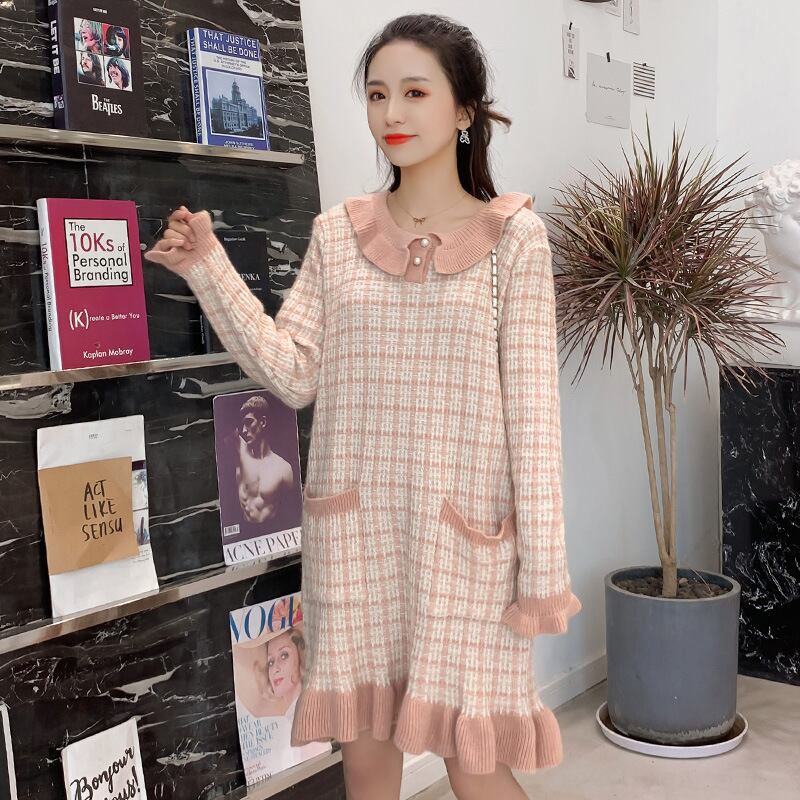 【新作】【送料無料】 マタニティウェア2019秋と冬の新しいファッションニットチェック柄ドレススタイルの人形の襟ミドル丈マタニティドレス-アリババ オータム 秋物 ウィンター 冬物 expec258103798270