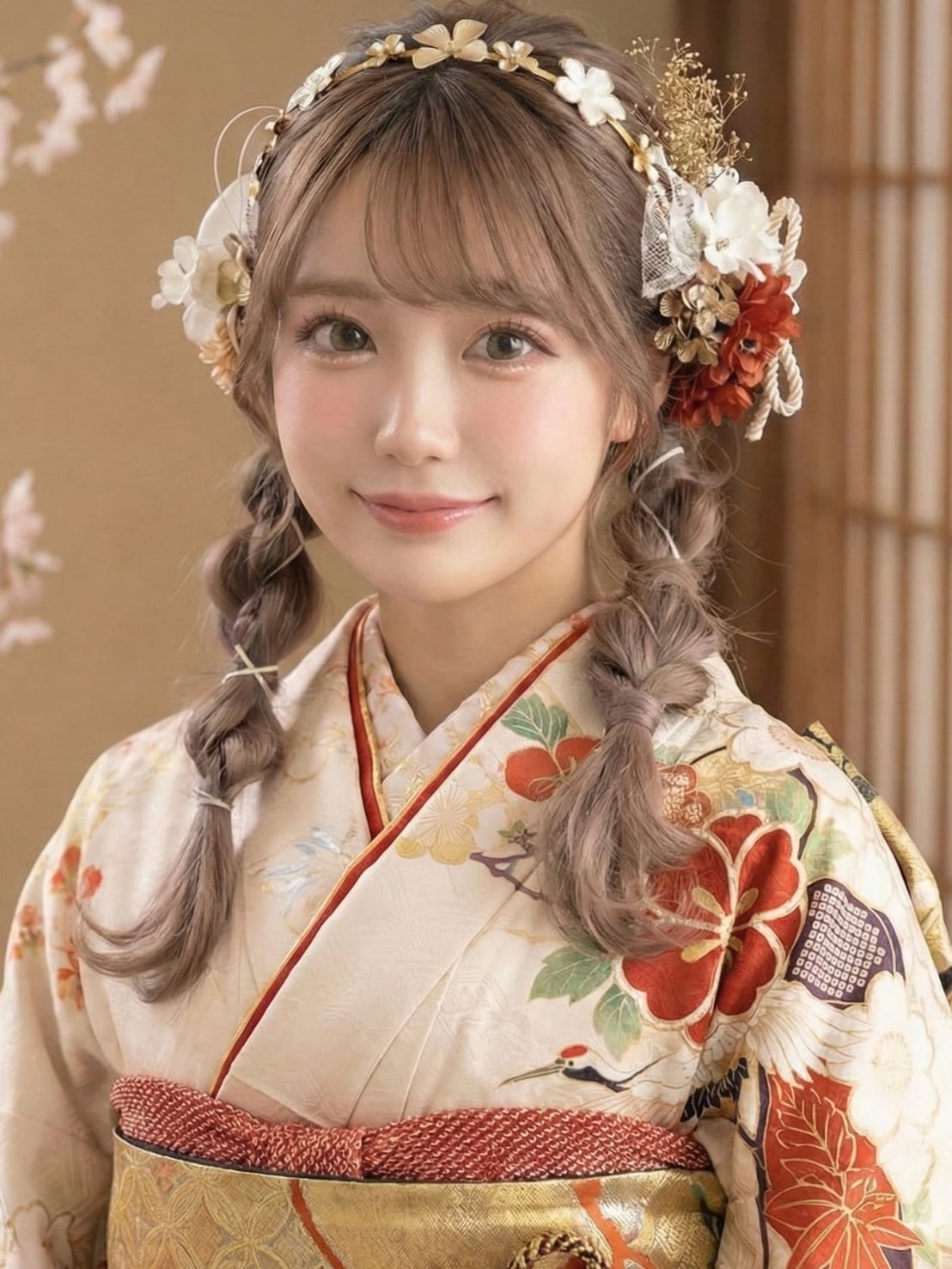 【真鍮フラワーカチューシャ髪飾り ホワイトレッド】成人式 卒業式 結婚式 k-0124