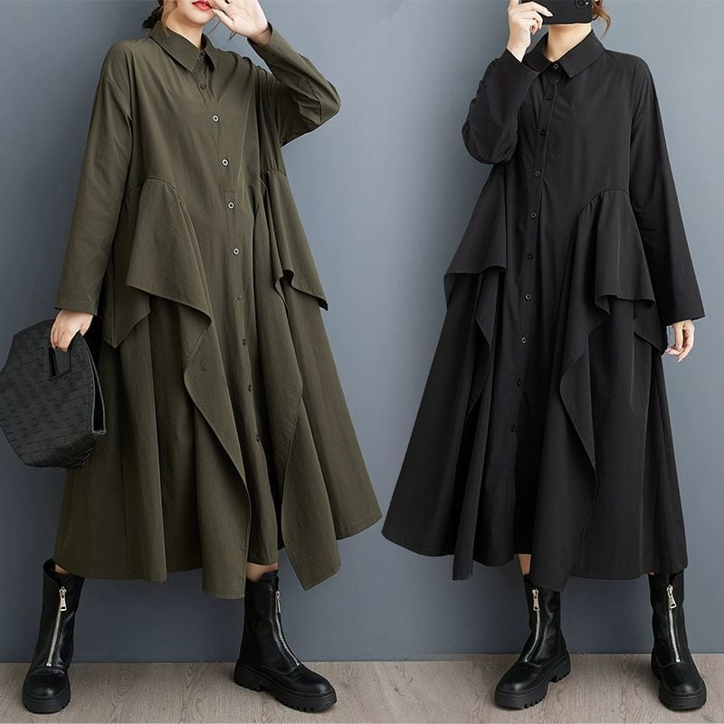 SOLID FRILL A-LINE LONG SHIRT DRESS 2colors M-11228