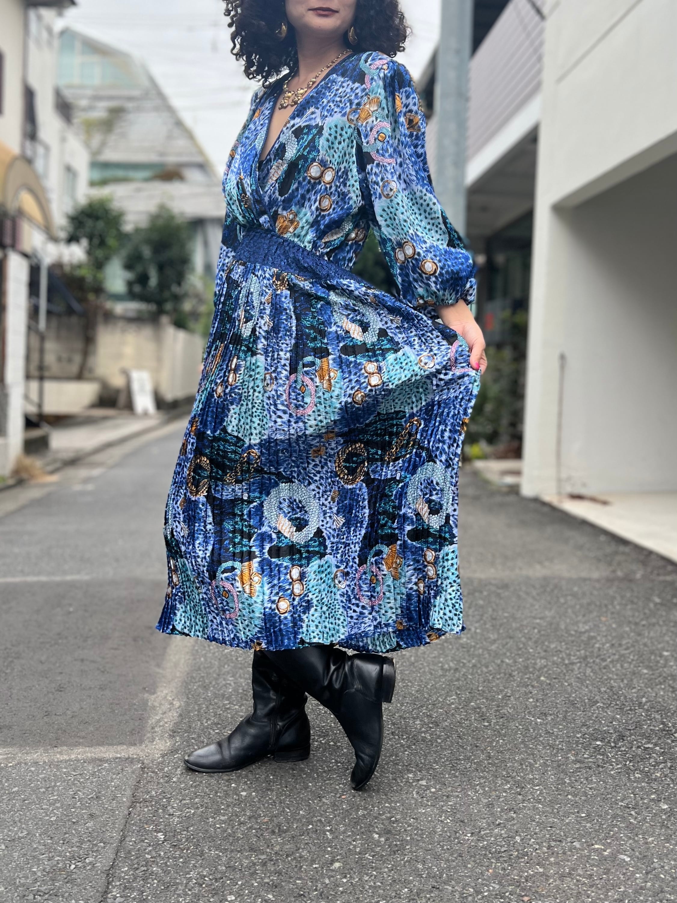 Diane freis blue × black jewelry print cache-coeur dress ダイアン フレイス ブルー × ブラック ジュエリー柄 カシュクール ワンピース Riyad vintage shop jewels オレンジ × ネイビー ワンピース