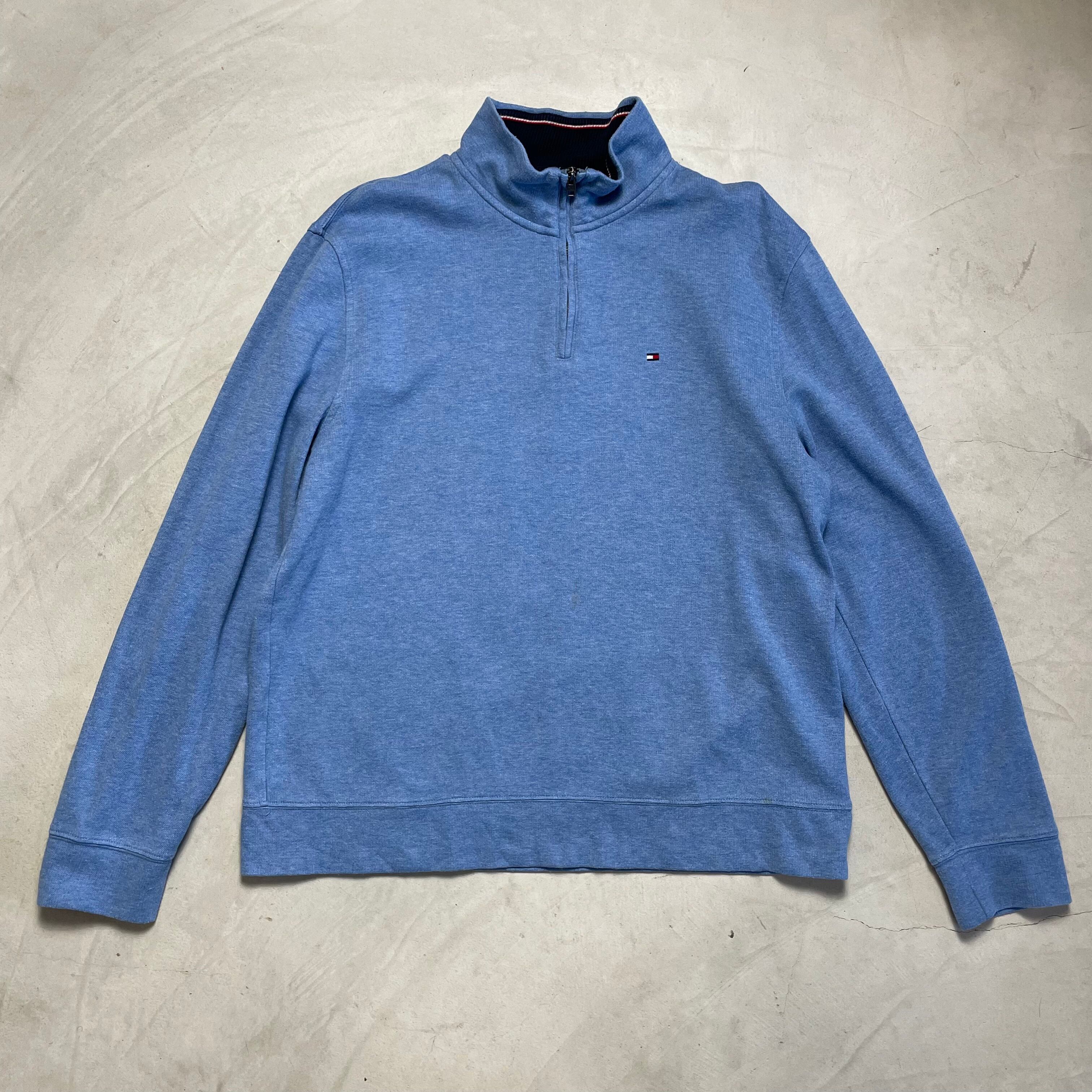 TOMMY HILFIGER トミーヒルフィガー ハーフジップスウェット トレーナー ハイネック メンズL 古着 ワンポイントロゴ刺繡 ブルー 【スウェット】
