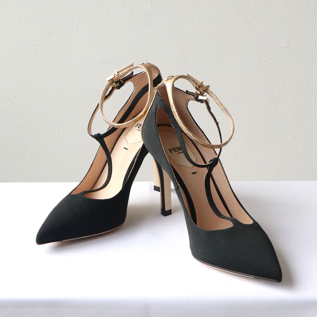 FENDI ポインテッドトゥ アンクルストラップ パンプス ナイロン ブラック ゴールド フェンディ
