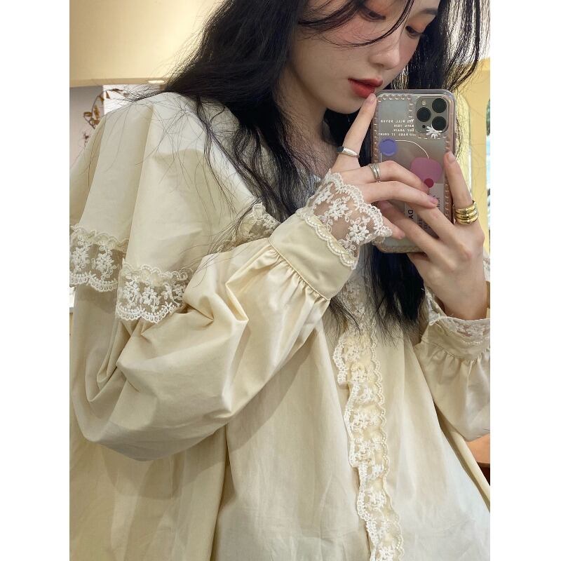 レースカラーシャツ オータムスタイル薄手レッドトップス ロング ストリート 大人ガーリー スウィート キュート カジュアル 秋物 萌量不足77368736538