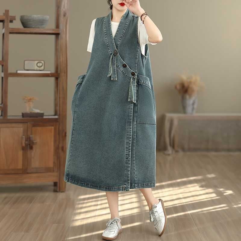 V-NECK A-LINE MIDI DENIM JUMPER DRESS 1color M-16051